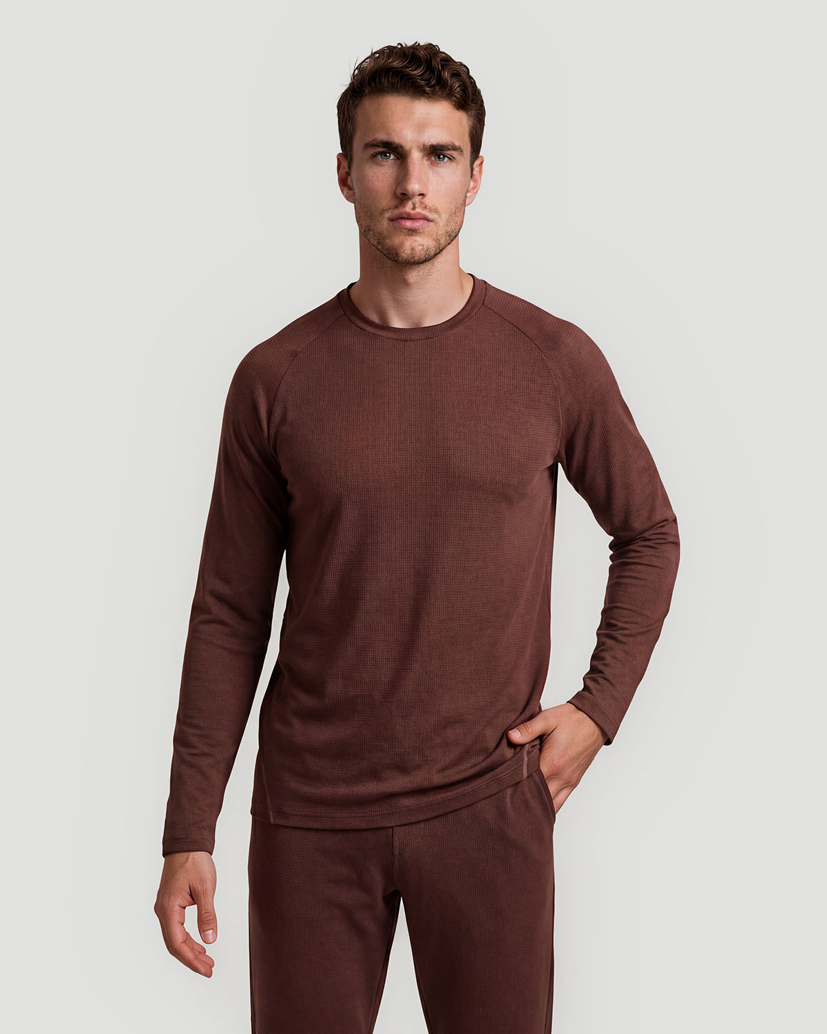 Men's Crew Neck Long Sleeve T-Shirt - Shaved Chocolate image number 0