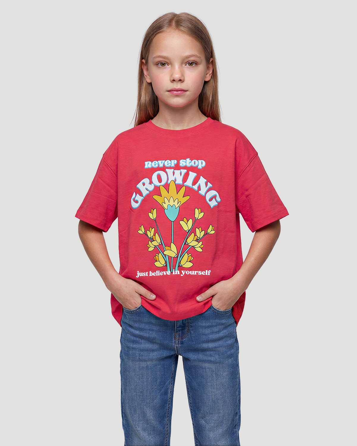 Girls Graphic T-Shirt - Never Stop Growing - Sunkissed Coral image number 1